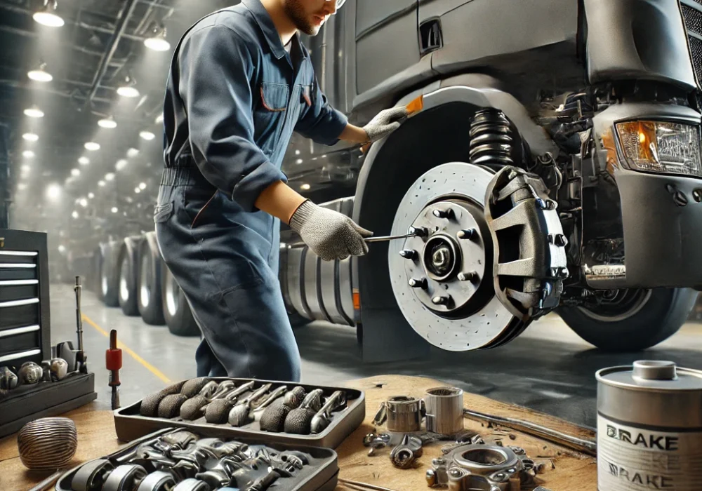 DALL·E 2024-11-29 09.59.46 - A realistic depiction of a mechanic working on the brake system of a large truck in a professional garage. The scene includes a detailed view of the t