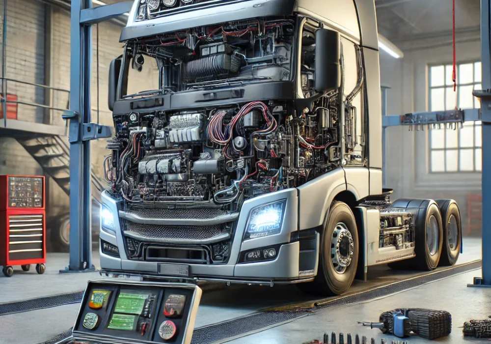 DALL·E 2024-11-29 10.01.30 - A realistic depiction of a large truck in a professional garage, with its electrical system being repaired. The scene features detailed components of