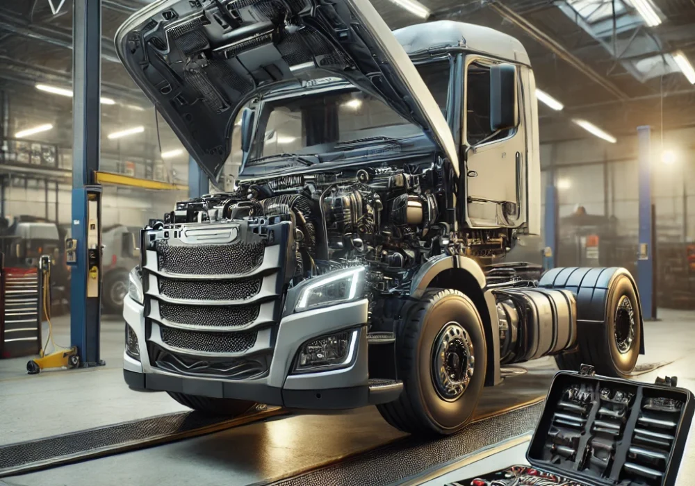 DALL·E 2024-11-29 10.05.41 - A realistic depiction of a large truck in a professional garage with its cooling and heating systems being inspected. The scene features an open hood